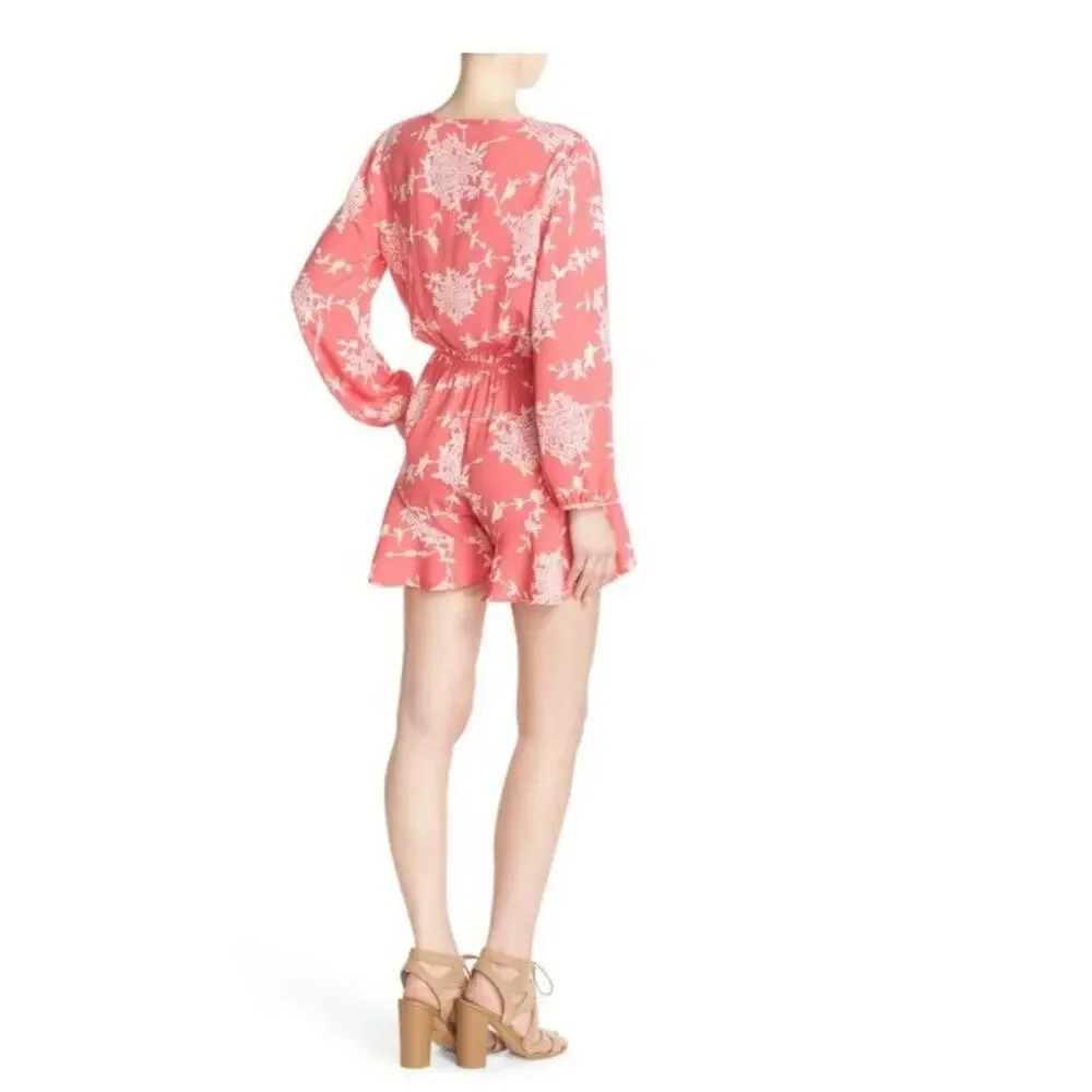 Fraiche by J Pink Floral Crepe Long Sleeve V Neck Surplice Romper Size L